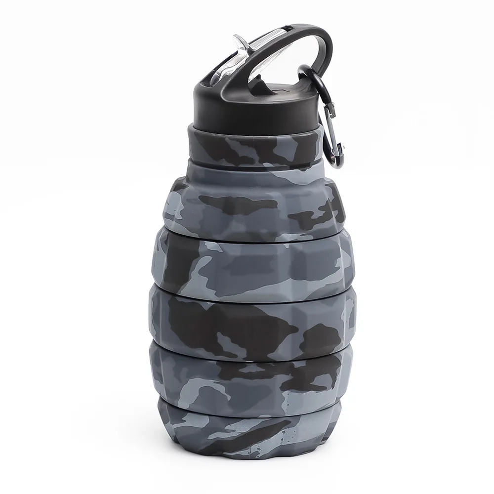 Outdoor 500ml Collapsible Hand Grenade Water Bottle Food Grade Silicone Biking Hiking Kettle Hook Mountaineering Buckle Cup
