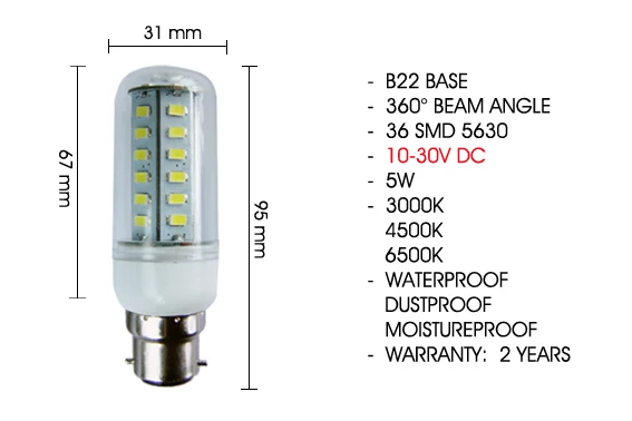 Low Volt 10-30V DC Marine Solar LED Bulb B22 Lamp Corn Bulb Trend LED 12V 24V all OK