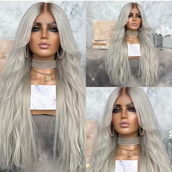 Wig With Dark Root Ombre Gray Blonde Color Loose Wave Invisible Knots Soft European Human Hair Swiss Lace Front Wigs