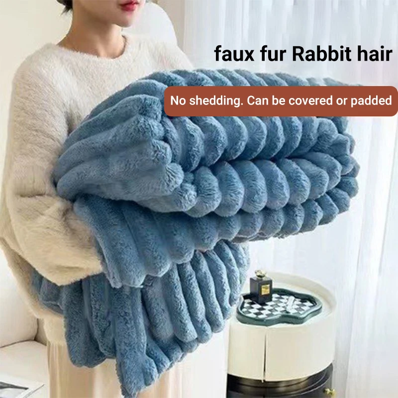 Multipurpose 100% Polyester Fiber Faux Fur Rabbit Hair Striped Throw Blanket Plush Baby Sofa Blanket for Office Nap