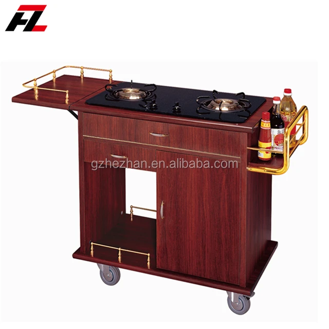 
Luxury Food service Flambe Trolley with double gas stoves and wheels 