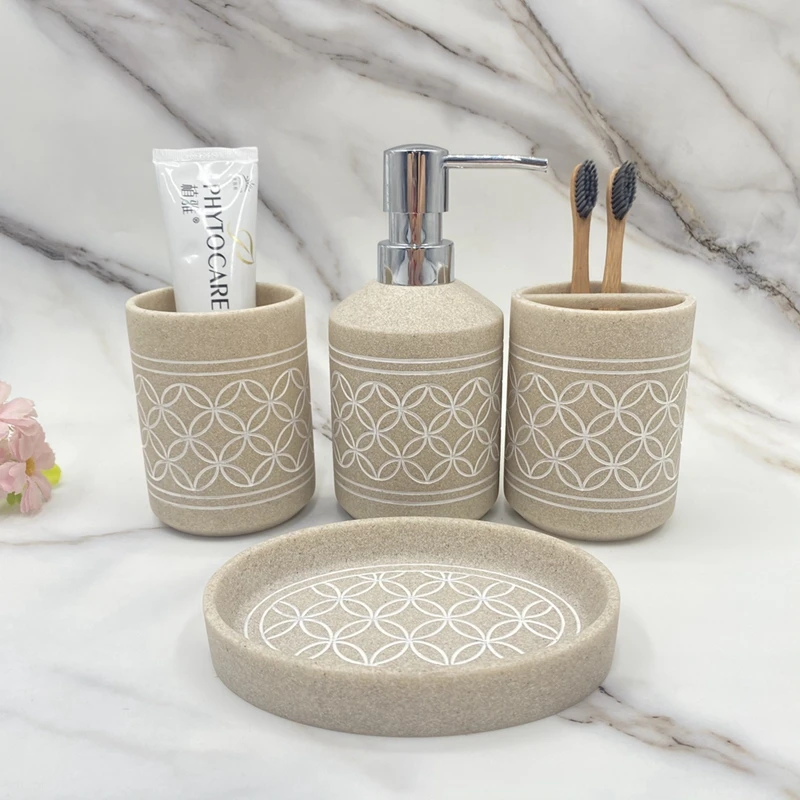 Popular Sandstone Resin Bathroom Accessories 4 Pieces Set For Home  and Hotel