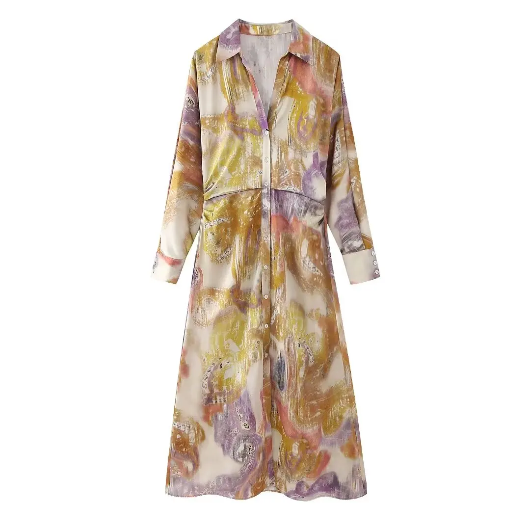 PB&ZA Women 2024 spring New Chic Layer tone printing Dress Vintage Long Sleeve Female Dresses Vestidos Mujer