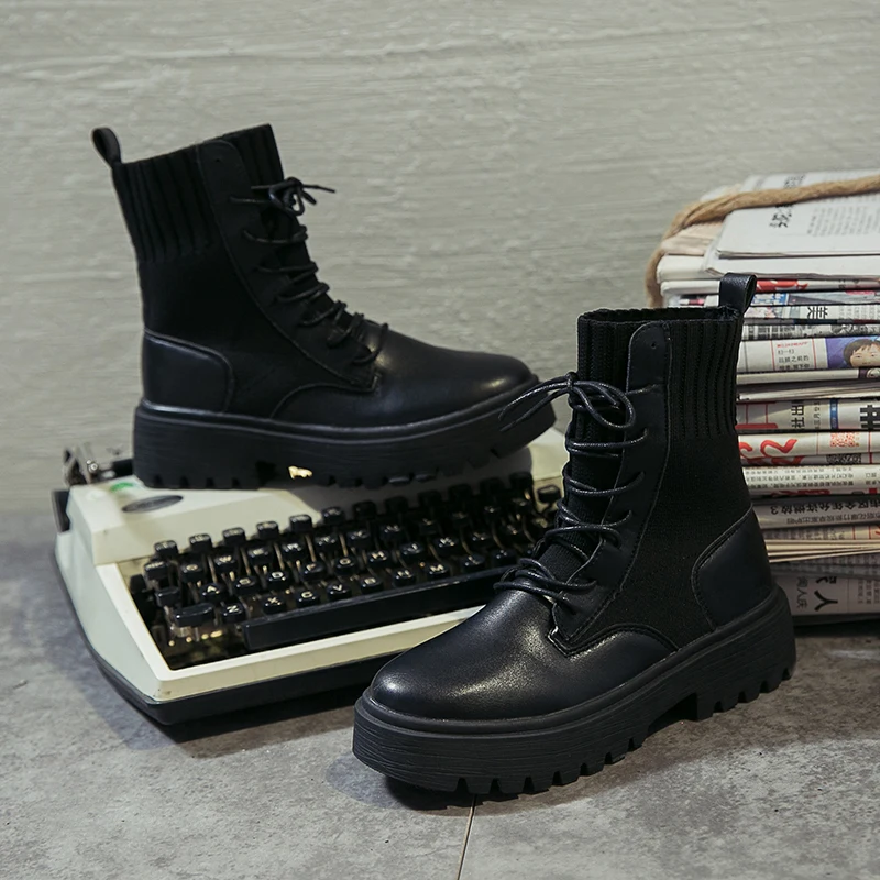 
2019 New Black Socks British Boty Boots Height Increased Women Ankle Winter Chunky Female Boots 