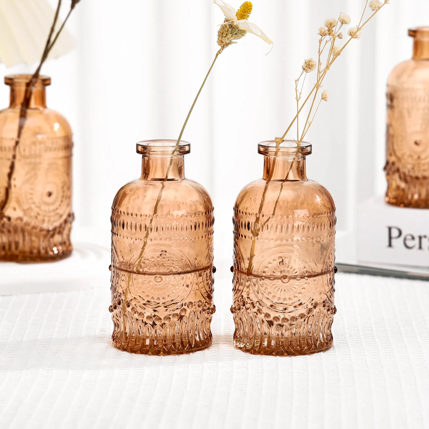 Mini Spanish Style Small Vintage Relief Retro Ribbed Stem Wedding Transparent Clear Glass Flower Hydroponics Floral Bud Vase