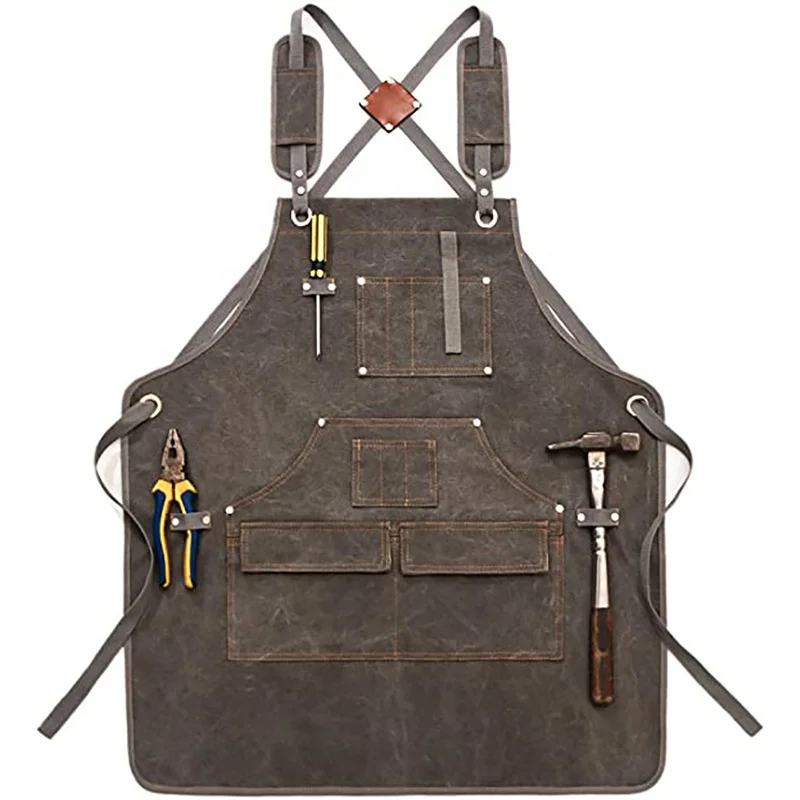 Custom logo bulk waterproof garden grilling heavy duty gray canvas garden work apron with tool pockets