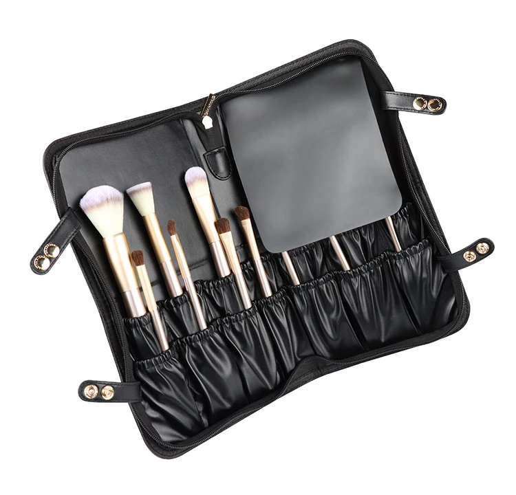 custom logo PU leather gold mesh makeup brush bag medium black mesh make up brush bag makeup brush bags