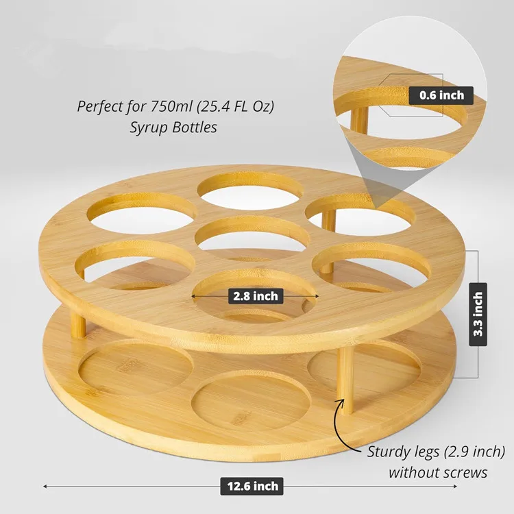 Kitchen Accessories Bamboo Coffee Syrup Storage Racks Turntable Countertop Organizer Lazy Susan Wine Sauce Bottle Holder