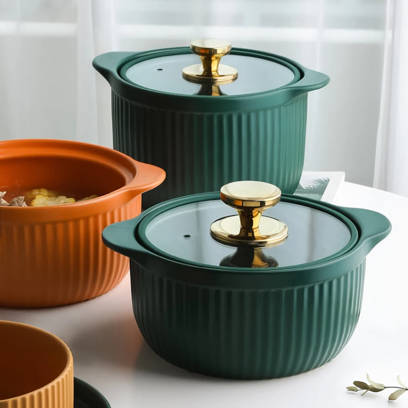
Wholesale Ceramic Kitchen Soup Cooking Pot Two Ear Clay Casseroles Pots with Glass Lid Household Cooking Pot Cookware 