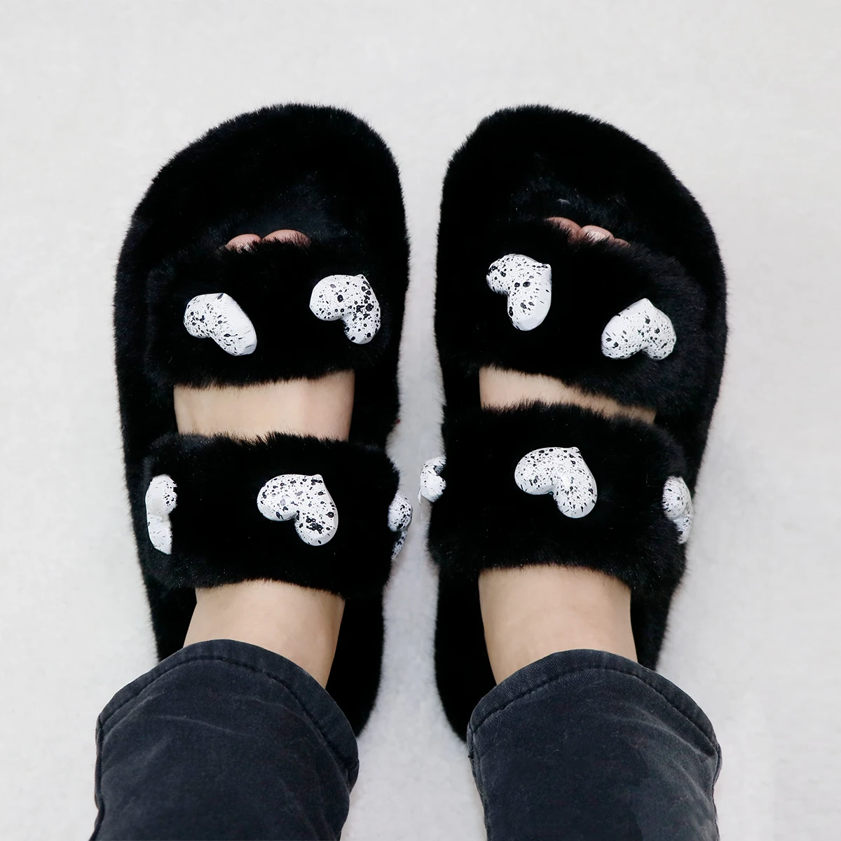 2022 OEM Custom Winter Warm Indoor Bedroom Slippers With Your Logo Heart-shaped Real Fox Fur Slides For Women