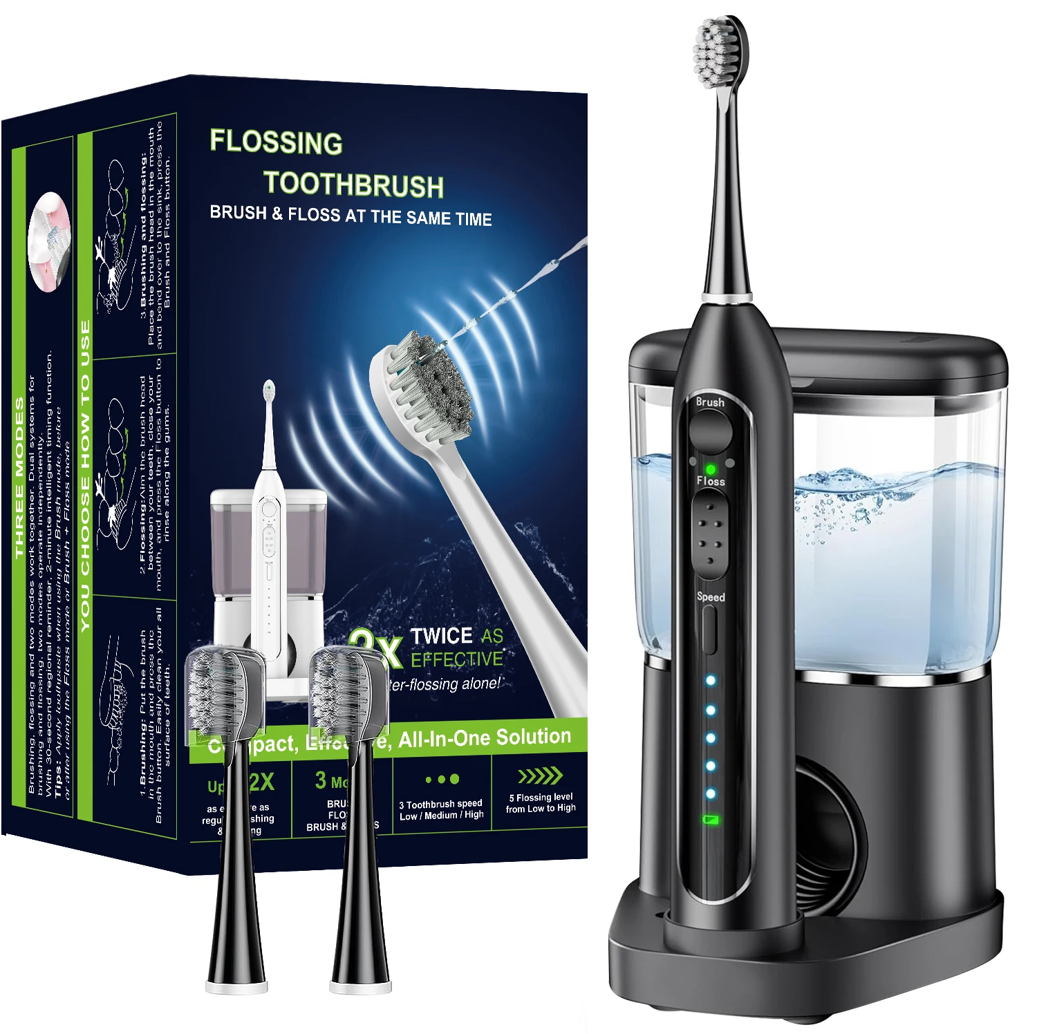 All-in-One Electric Toothbrush with Water Flosser Combo 3 Speed Brushing 5 Speed Flossing 500ml Removable Tank IPX7 Waterproof