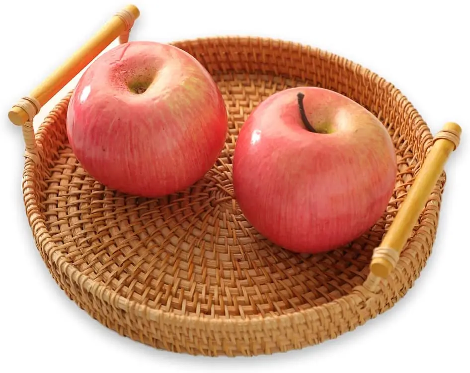 Round Rattan Bread Tray Rattan Serving Tray with Handle for Bread Fruit Food Breakfast