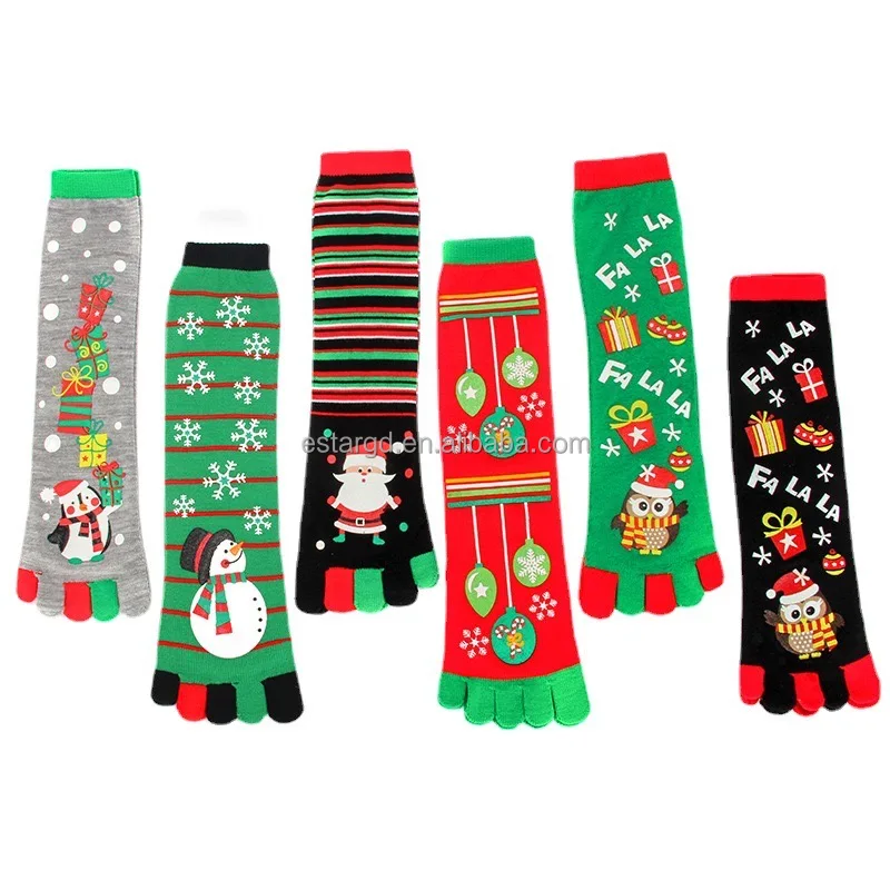 Winter Five finger socks long tube cartoon combed cotton split toe socks warm and sweat absorbing Christmas socks