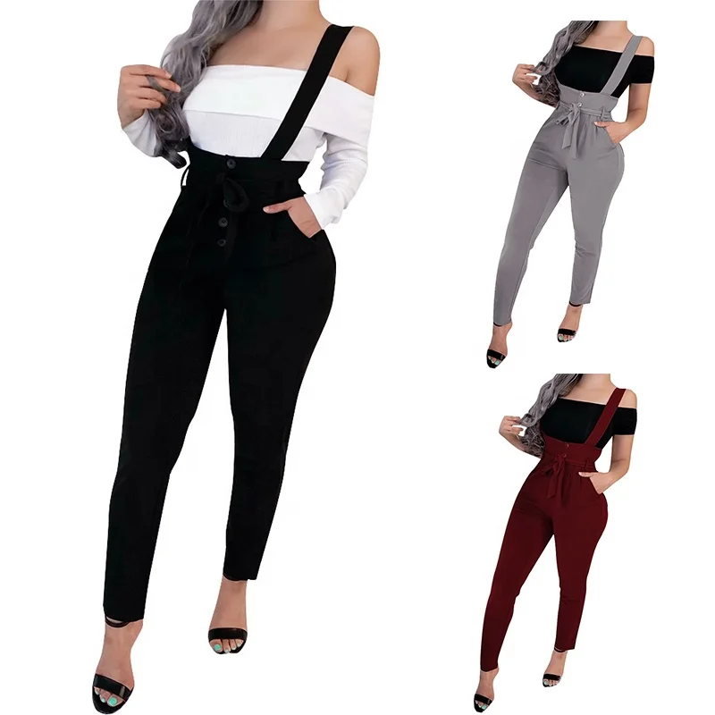 Warehouse plain high waist bib overalls with bow ladies formal suspender trousers cargo pants women