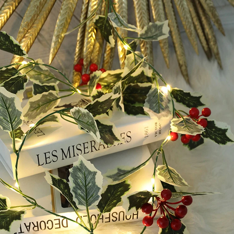 
Гирлянда с зелеными листьями и красными фруктами, водонепроницаемая гирлянда на рождественскую елку, декоративная светодиодная гирлянда diwali 