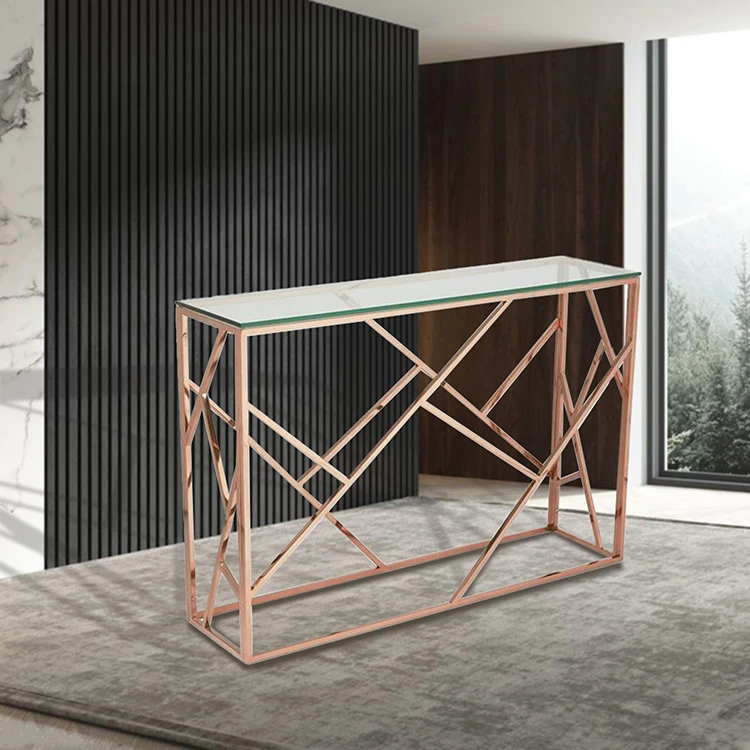 
Modern Hallway Table Tempered Glass Top Gold Metal Frame Livingroom Table Frame Glass Long Rectangular Console Table with Mirror 