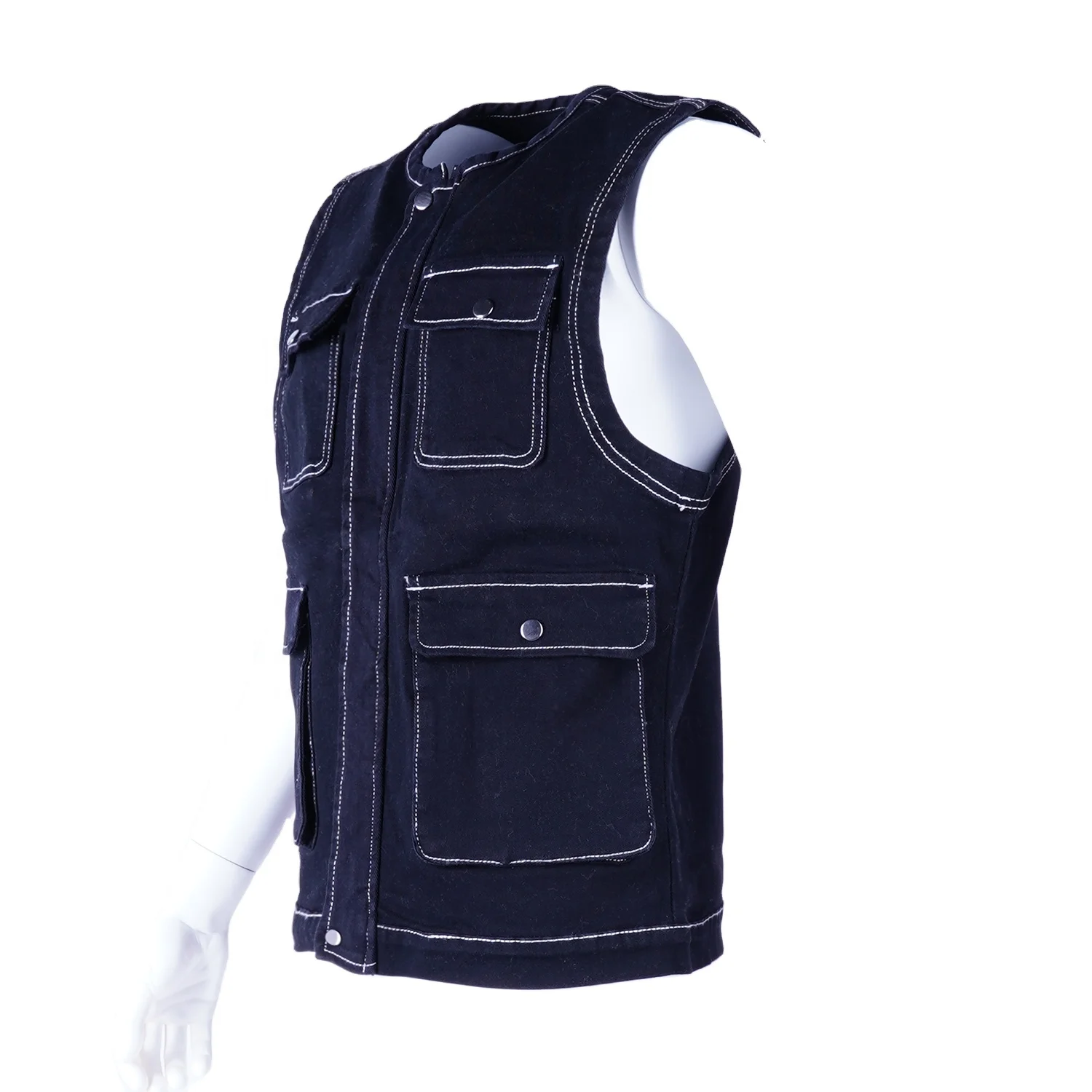 SKYKINGDOM gz longchan custom logo jean vest street wear black jeans vest stylish pockets jeans vest men