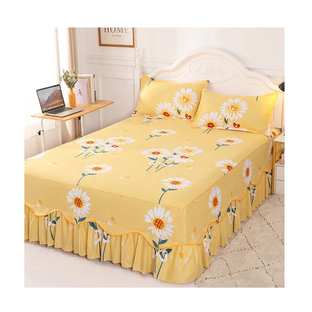 Cheap Printed Seams aloe Brushed cotton lace bedspread sheets three-piece bed skirt set