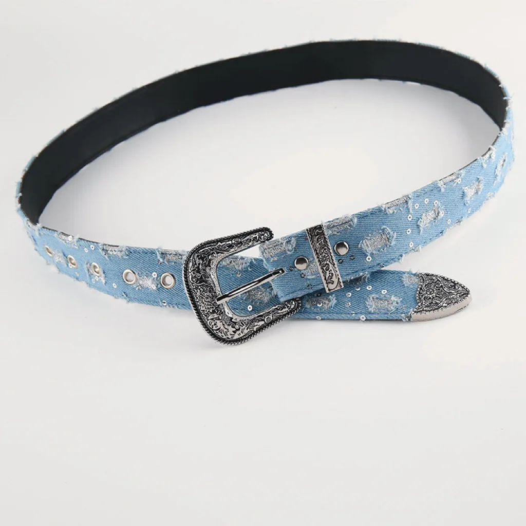 Denim belt retro carved personalized belt decorated Europe and the United States style needle buckle belt