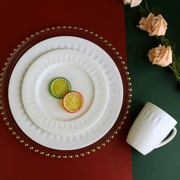 white custom design embossed white porcelain bone china dinner set restaurant crockery set