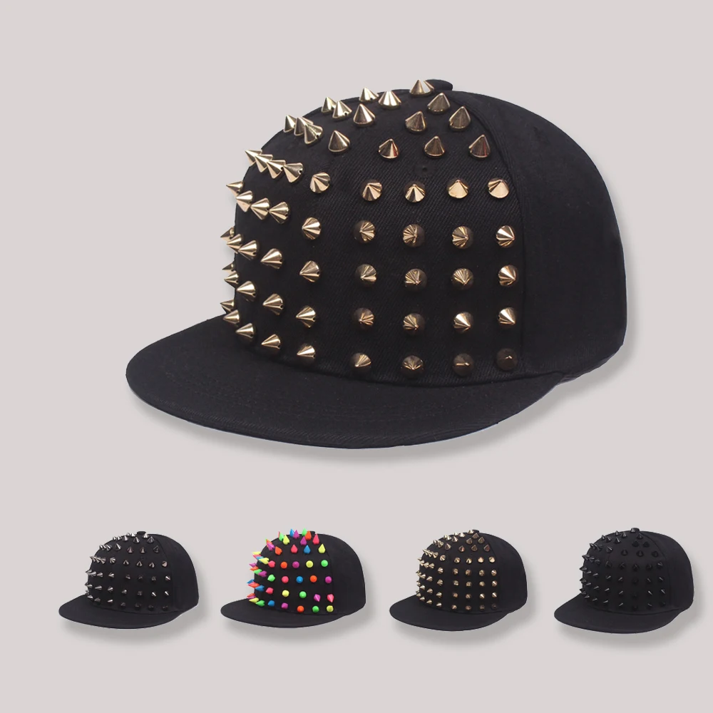 New Design Custom Flat Brim hiphop snap back cap 3d embroidery rivet snapback hat with spike