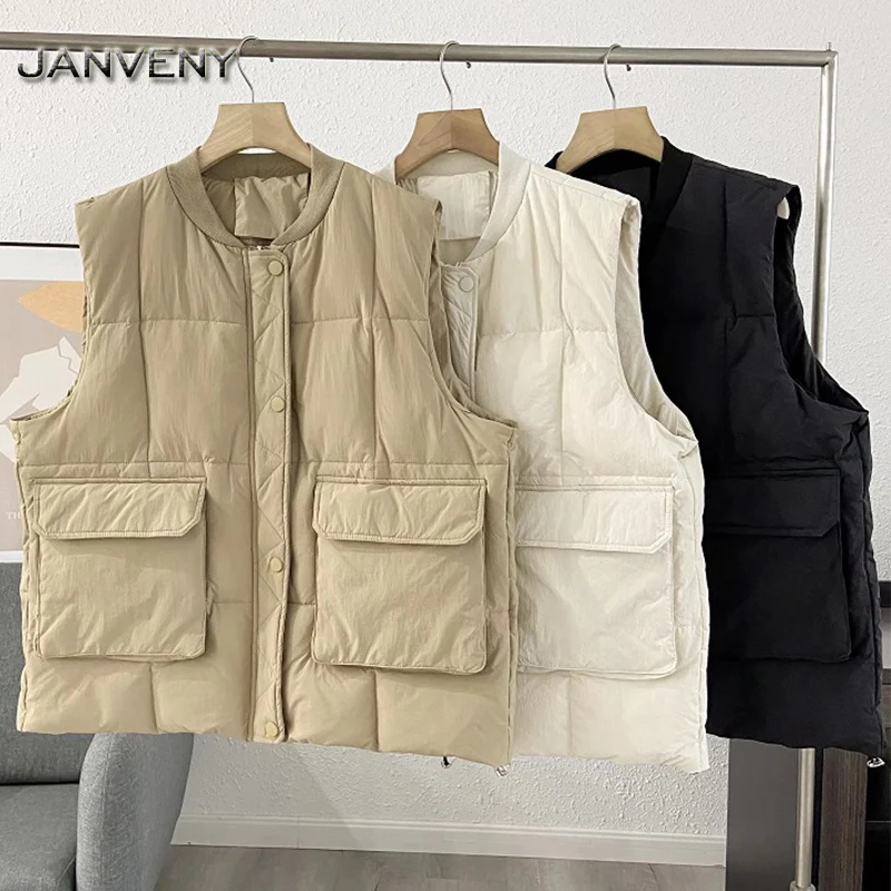 JANVENY 2022 New Winter V-neck Single Breasted Down Vest Women Elegant Wide Shoulder Pockets Stand Collar Loose Puffer Waistcoat