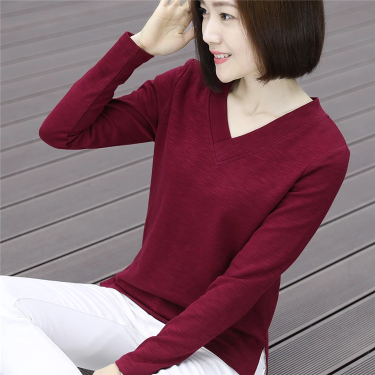 
Modern Design Fashion Casual Long T-Shirts With Printing Long Sleeve T Shirt Cotton V-Neck Women T Shirt 