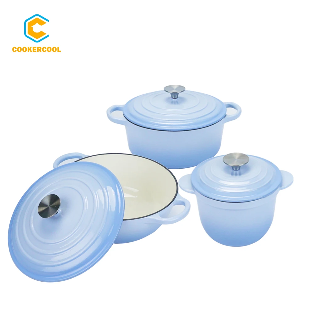 Cookercool Wholesale Cast Iron 3pcs sky blue Enamel cookware nonstick cooking pots set