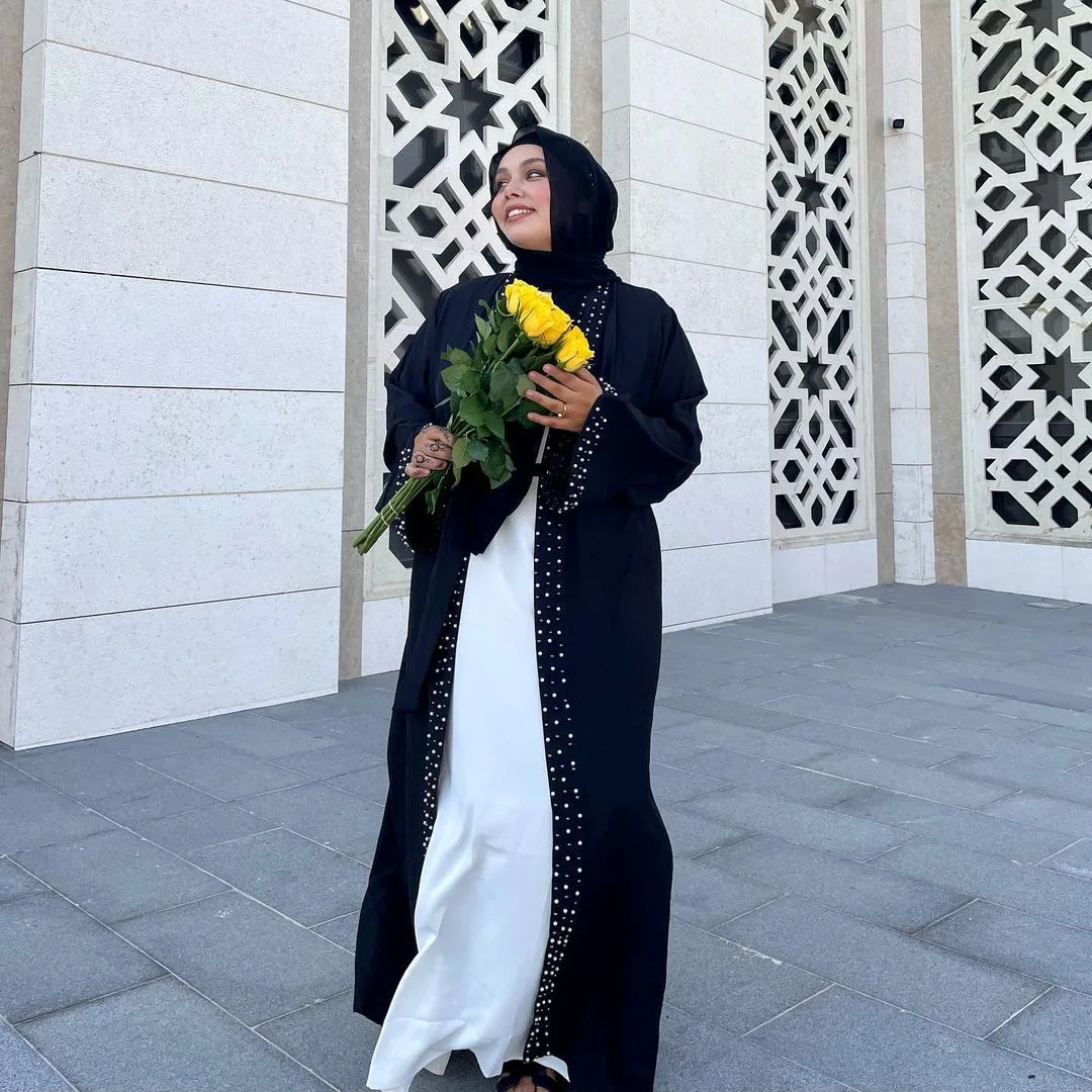 Новый дизайн Dubai стиль вышивка кардиган женский длинный абайя с бисером исламское полиэфирное кимоно Спереди открытая