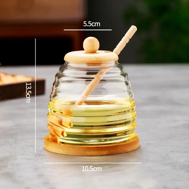 Home Glass Jar Clear Lead Free High Borosilicate Heat Resistant Handmade Glass Honey Canister With Wooden Lids And Stick Dipper