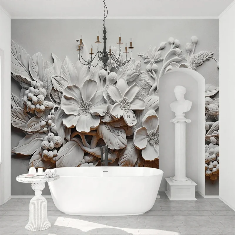 3D floral gypsum sculpture relief wall paper 3d for living room