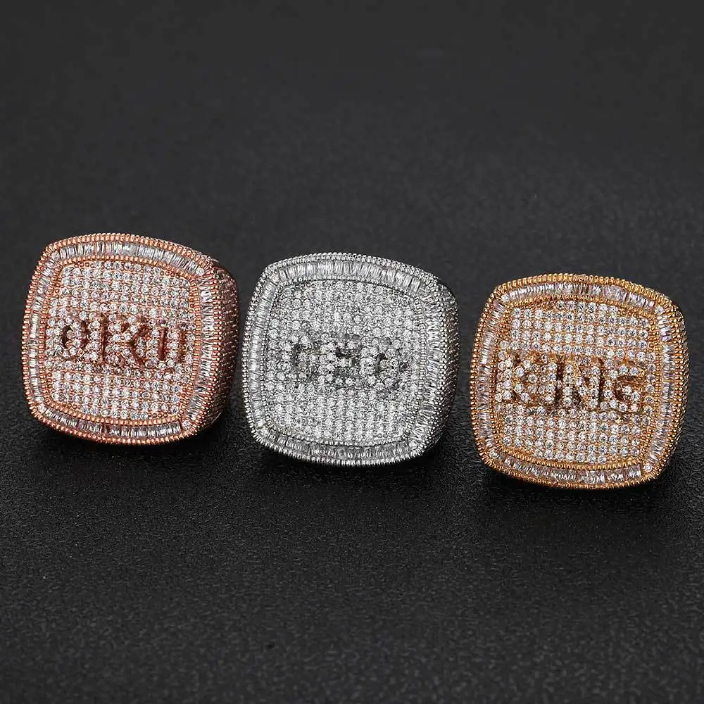 Custom Name Big Hip Hop Iced Out Diamond Rings 18K Gold Plating Bling Zirconia Large Ring For Men