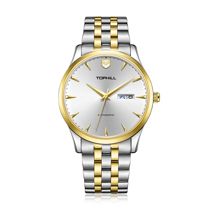Tophill TW087G Stainless Steel Auto Date Complete Calendar 5ATM Waterproof Golden Automatic Mechanical Imported Movement Watches