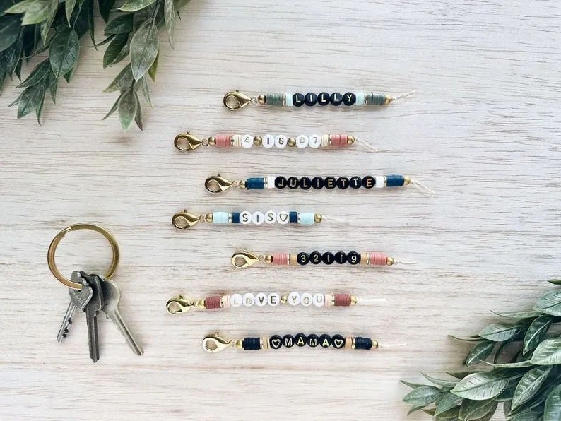 Personalized Colorful Soft Ceramic Keychains Custom Gold Beaded  Initial Name Beaded Charm Keychain For Bridesmaid Mom Gifts
