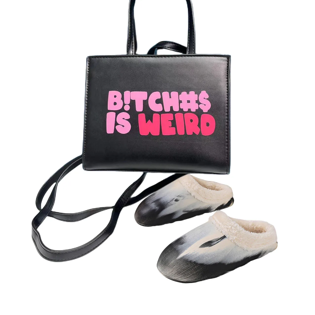 Bitches Is Weird handbag purse and shoes Women Fur Slides Soft Plush Furry Faux Rabbit Fur Slippers and tote bag set