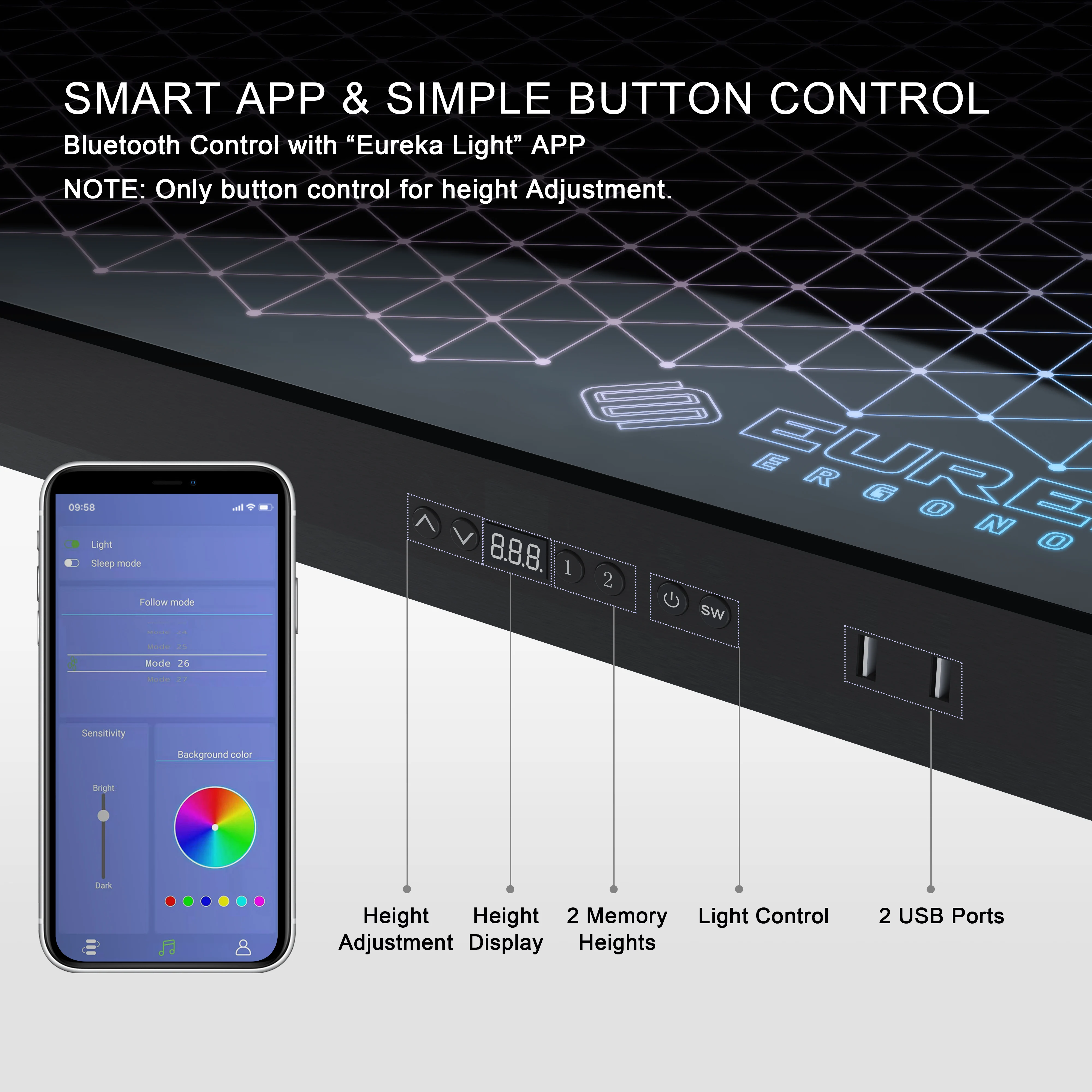 Music Sync RGB LED Lights Up Glass Gaming Standing Desk, Electric Height Adjustable Sit Stand Home Office Computer Studio Table