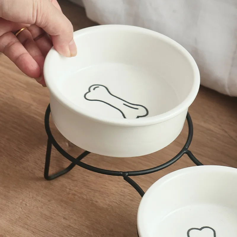 Supplier price cheap double water food double elevated cat bowl ceramic pet bowls feeders with metal stand