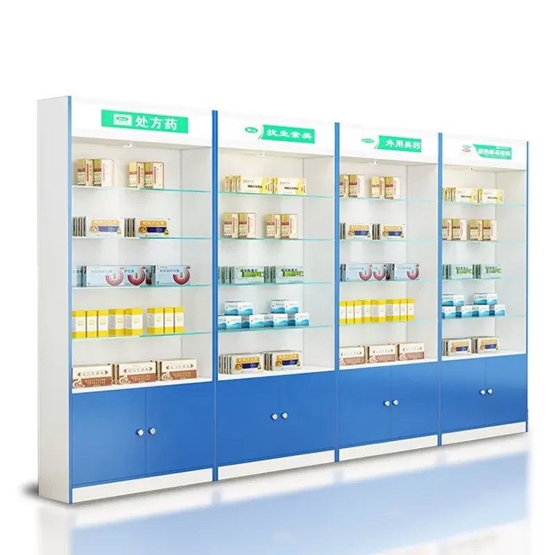 Pharmacy Shop Decoration Retail Store Fixtures Drug Store Tempered Glass Showcase Counter Pharmacy Shelves for Sale