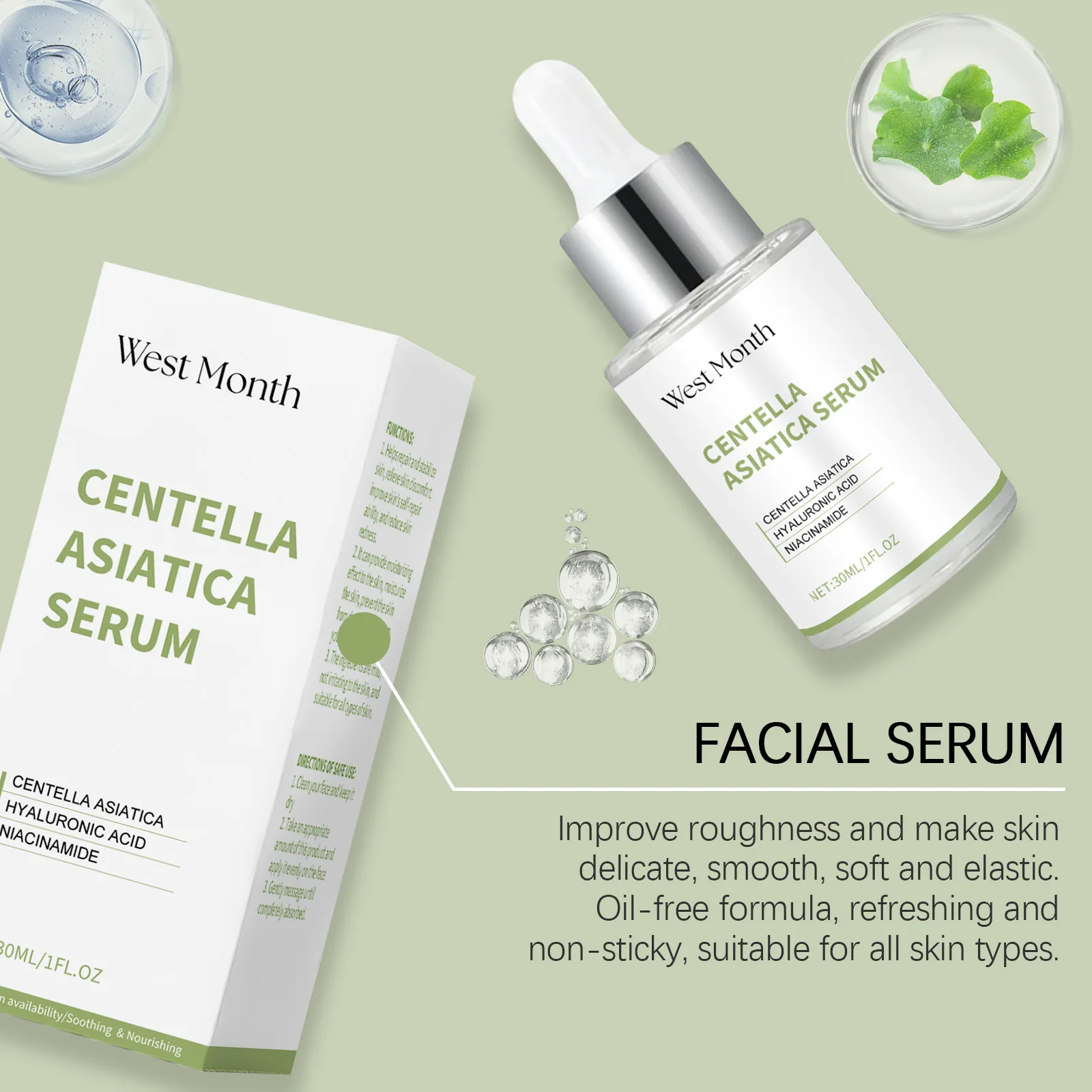 WEST MONTH Organic Face Skin Smoothing Moisturizing Hydrate Brightening Repair Strengthen Organic Centella Asian Extract Serum