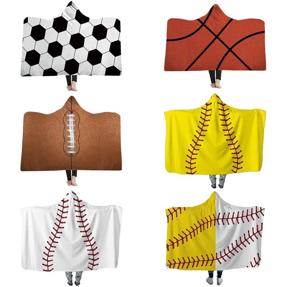 Wholesale 3D Printed Sports Themed Sherpa Blanket Custom Softball Soccer Hooded Wearable Throw Blankets For Adult