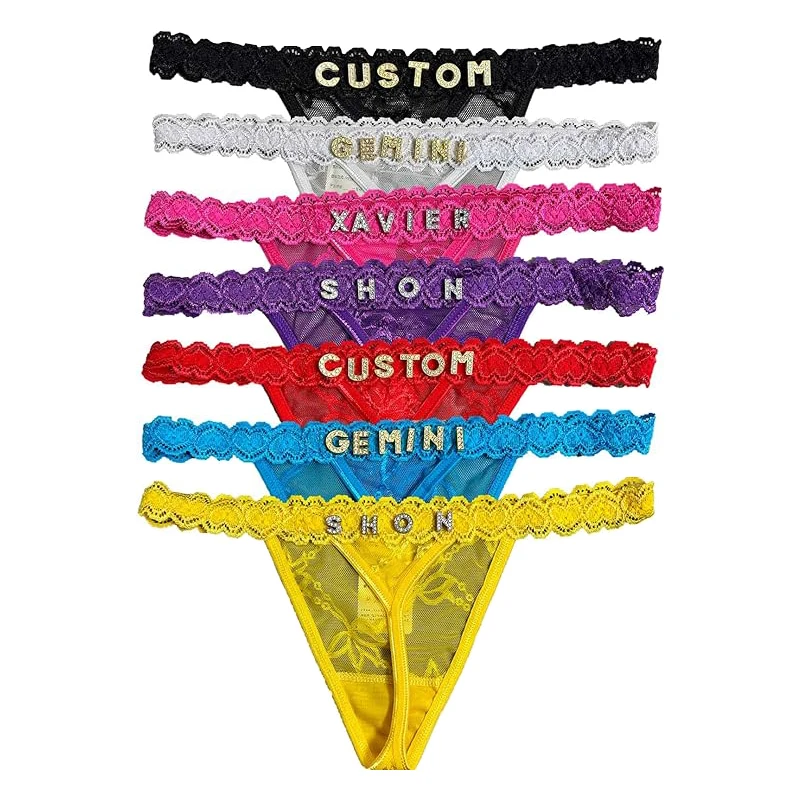 Women lace G string bikini thong sexy Personalized Thongs With Names rhinestone Custom printed thong with charmsthong oem