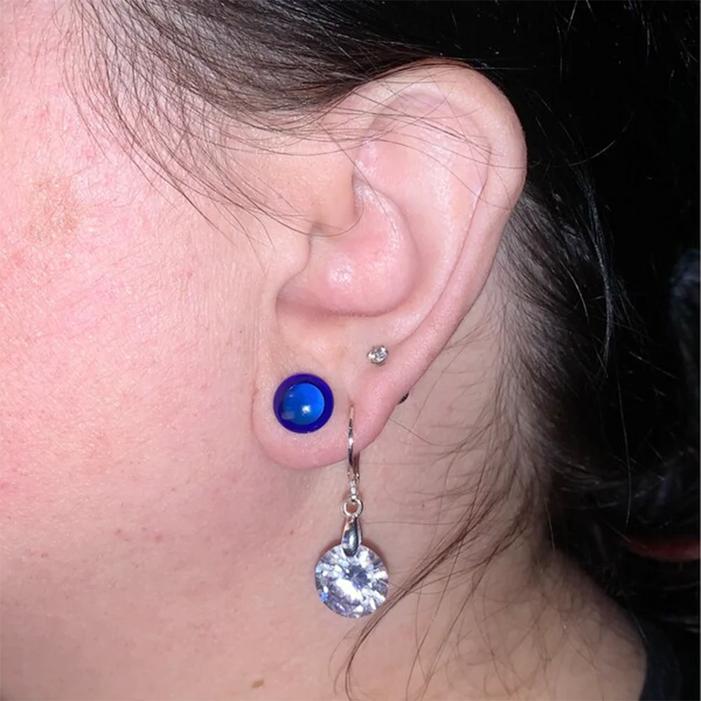 Evorte Hot Selling Dark Blue Glass Tunnel Plugs Single Flared Gauges Earrings with Black O-Ring Stretching Jewelry for Unisex