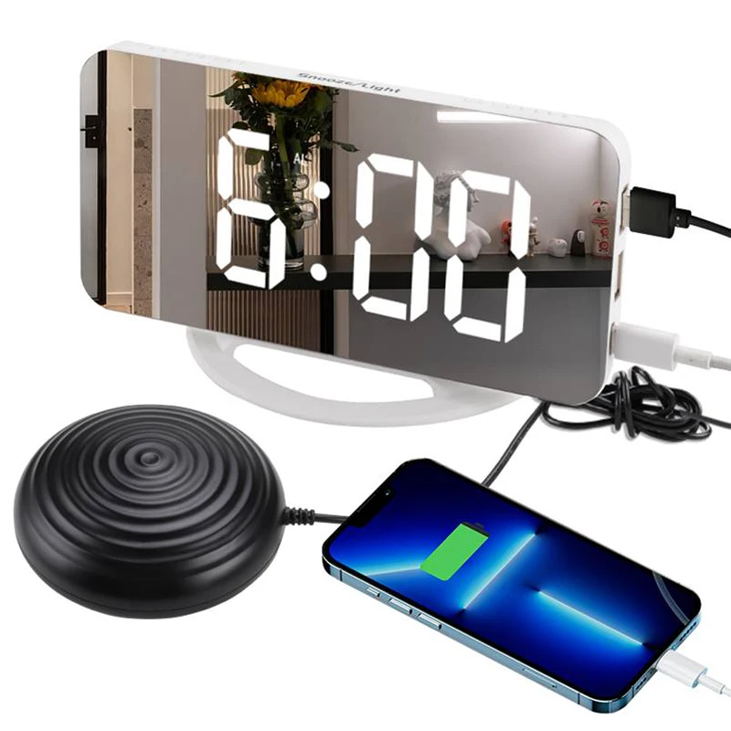 Display time alarm clock with bed shaker waking heavy sleepers led mirror vibration alarm clock