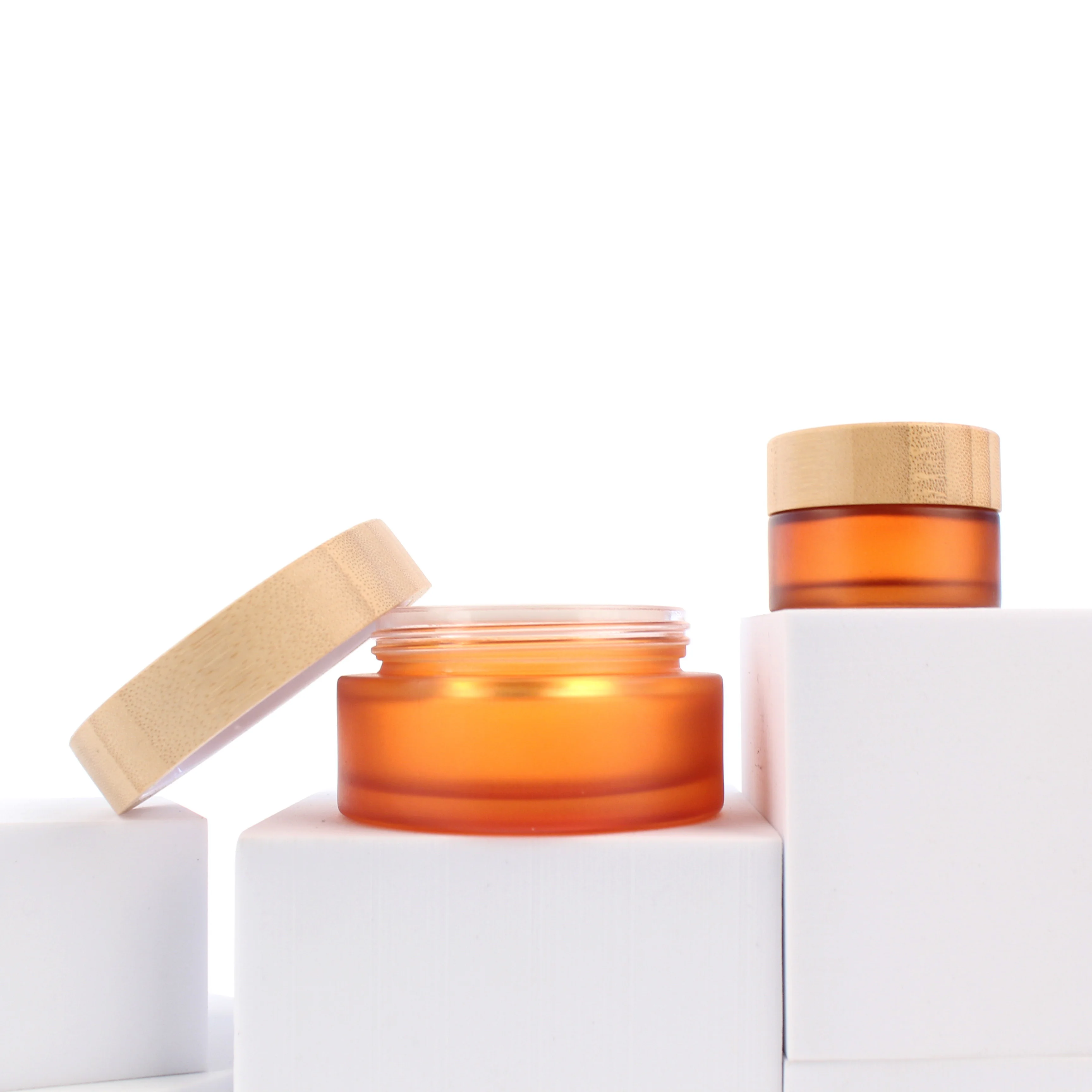 Hot Sale Luxury 5g 15g 30g 50g 100g 2oz 4oz Bamboo Cosmetic Packaging Amber Orange Cream Glass Jars with Bamboo Lid BJ12C