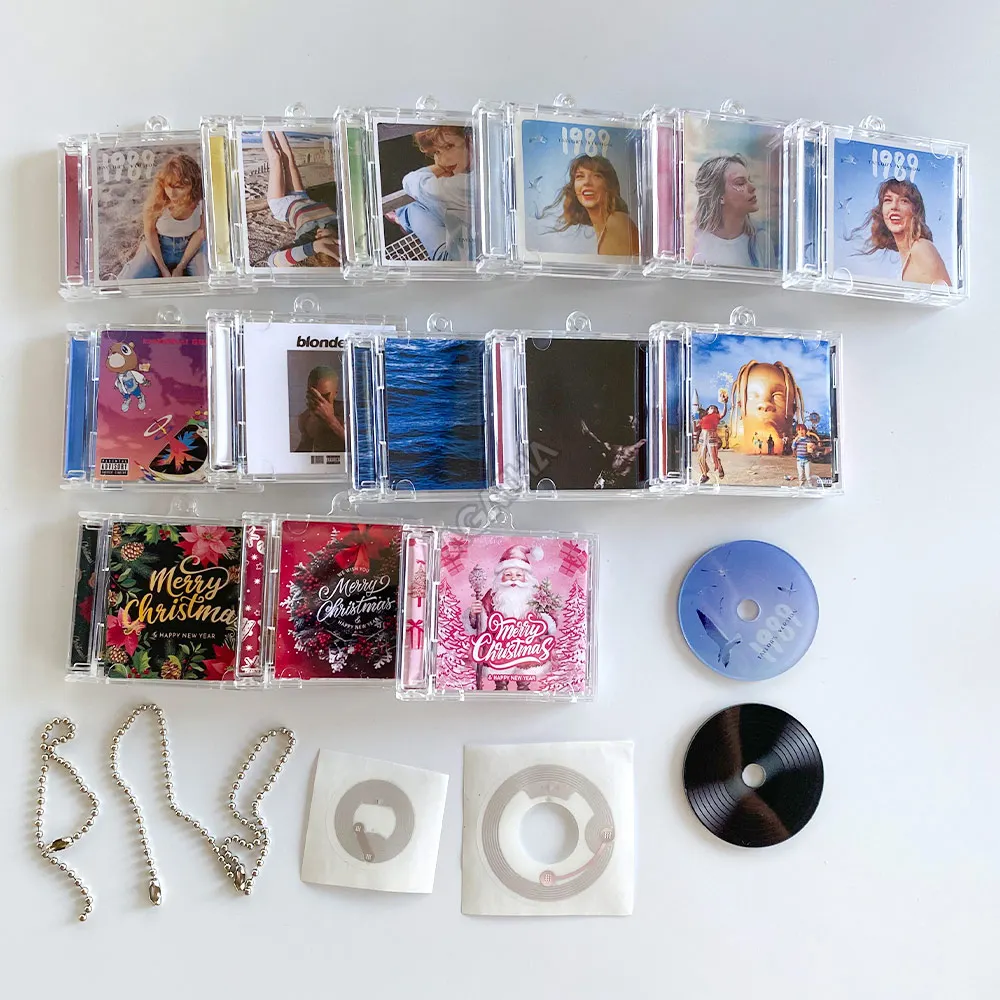 new promotional customized kpop music key chain keyring cd-keychain cute logo box case custom album acrylic mini nfc cd keychain