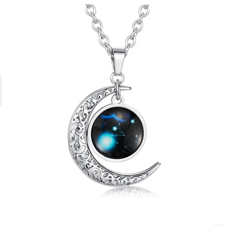 
Popular jewelry glass luminous necklace star and moon combination men and women zodiac titanium steel pendant necklace 