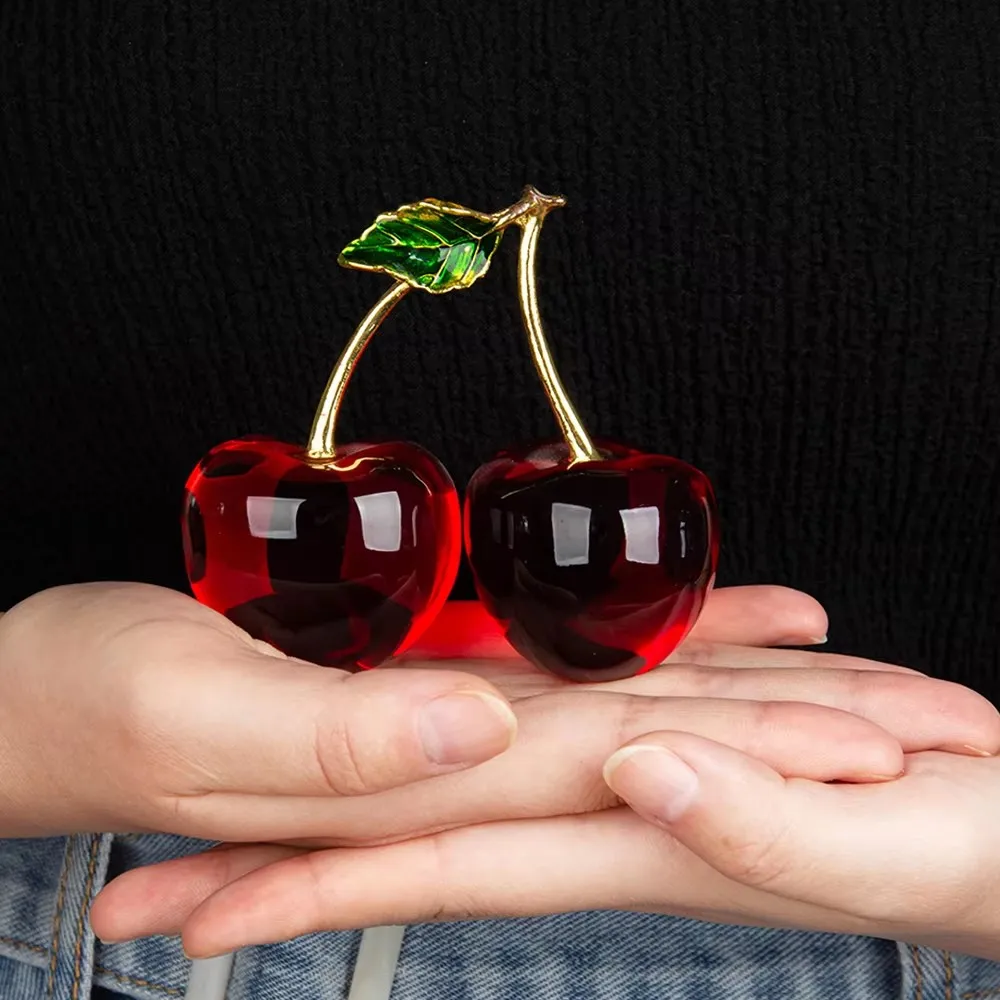 Crystal Cherry Figurine Collectible Paperweight Glass Fruit Ornament Tabletop Centerpiece Home Office Desktop Decor Wedding Gift
