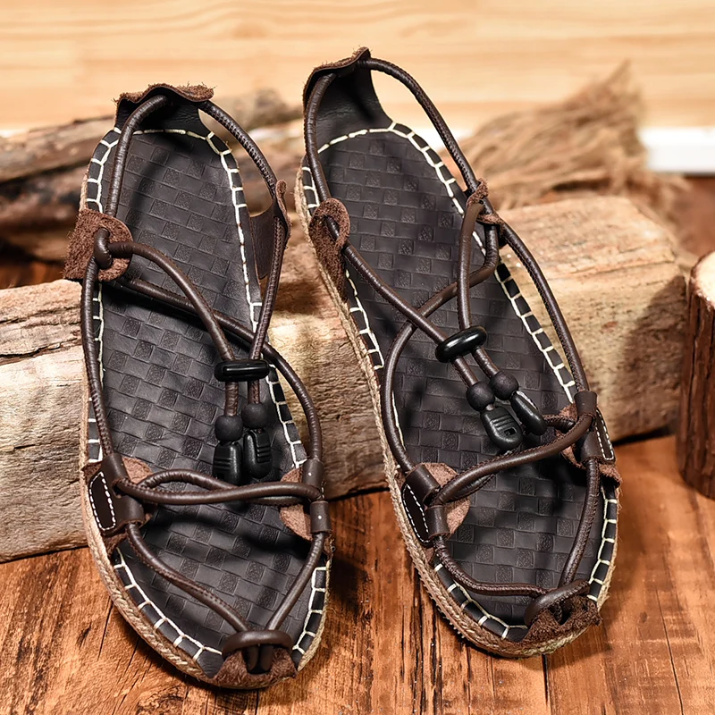 Latest models high quality wholesale rome style women rope leather black straw sandals mens 2021 factory sale