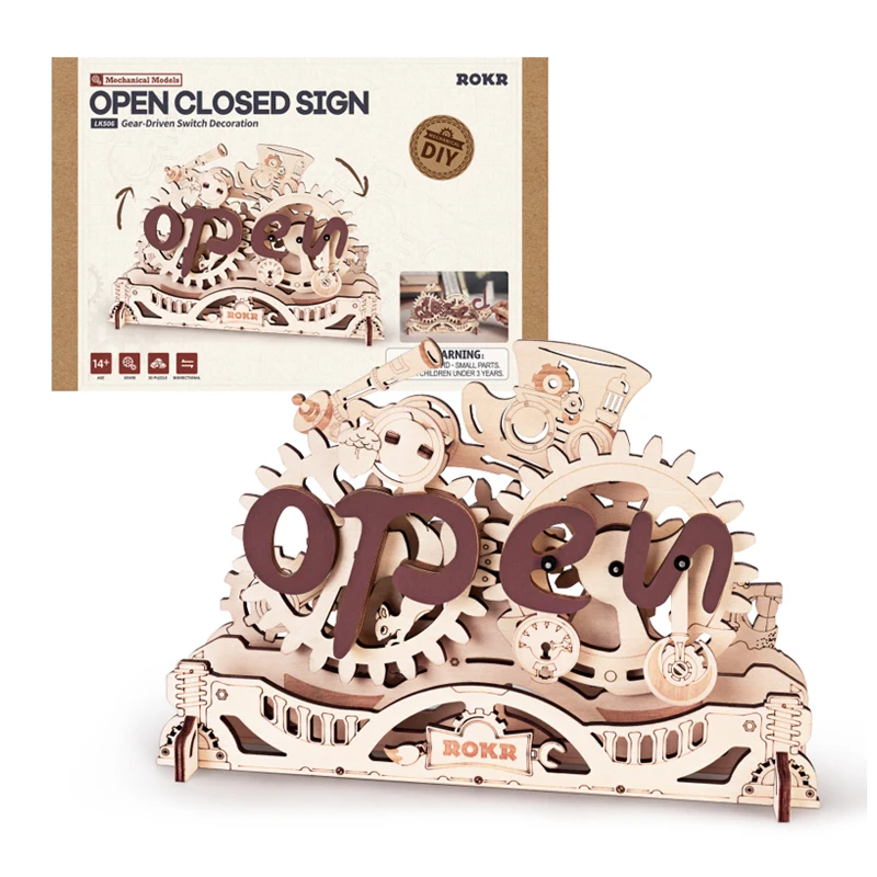Robotime Rokr Contraption Mechanical Models LK506 DIY Handmade Assembled Open Closed Sign 3D Wooden Puzzles