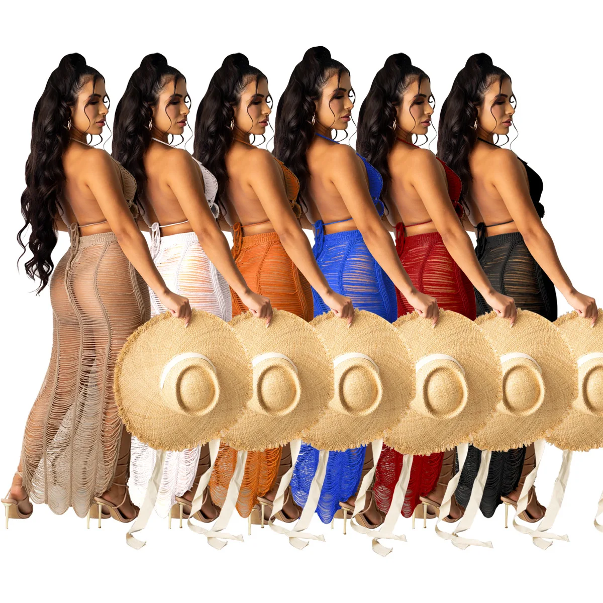 summer trending dress women solid color sexy hollow skirt and top set 2 pc knit crochet hollow out tassel cover up beach dress